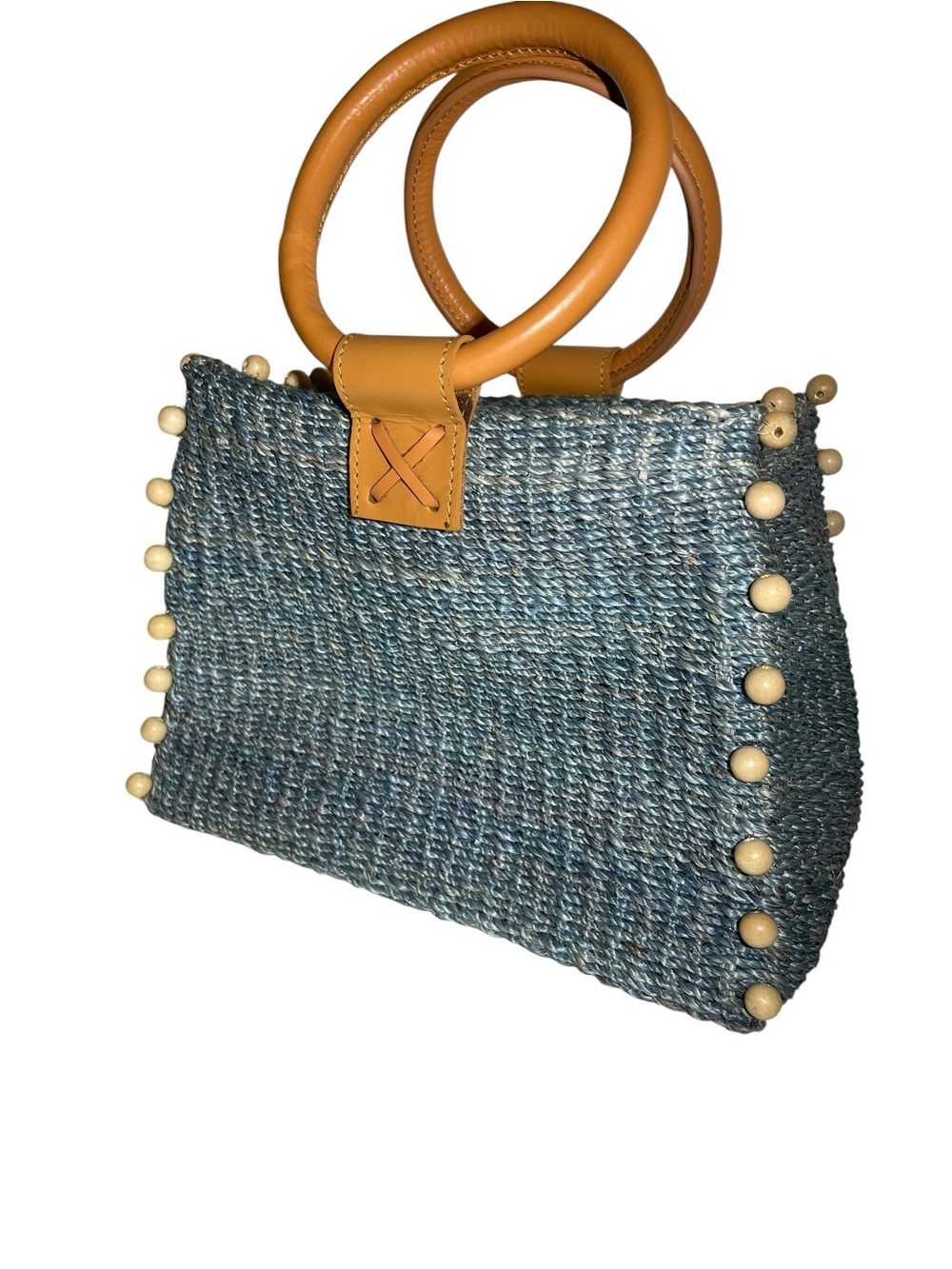 ARNAZ Philippines Blue Woven Straw Handbag Mini Tote Leather Ring Handles Beads - Picture 3 of 14